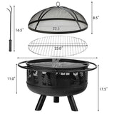 Portable Patio Screened Wood Burning Fire Pit Cooking Grill with Poker
