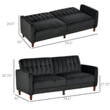 Mid-Century Modern Futon Sleeper Sofa Bed in Black Velvet Upholstery