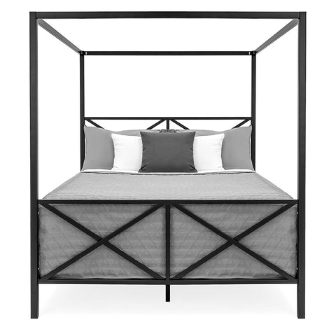 Queen size 4-Post Canopy Bed Frame in Black Metal Finish