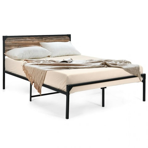 Rustic FarmHome Metal Wood Platform Bed Frame in Queen Size