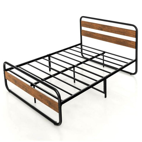 Queen Industrial Wood and Metal Tube Platform Bed with Headboard and Footboard