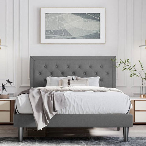 Queen Dark Grey Linen Upholstered Platform Bed with Button-Tufted Headboard