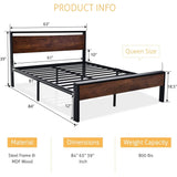 Queen Metal Platform Bed Frame with Mahogany Wood Panel Headboard Footboard