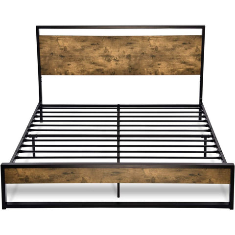 Queen size Metal Wood Platform Bed Frame with Industrial Headboard