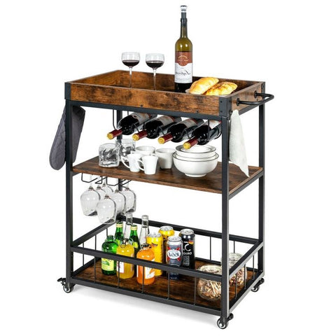 Modern Industrial Metal Wood Rolling Kitchen Wine Rack Bar Serving Cart