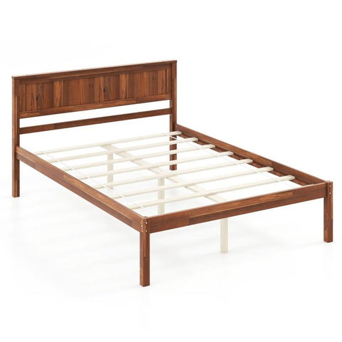 Full Size Retro Wood Platform Bed Frame with Headboard in Walnut