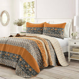 King Size Orange Grey Floral Birds Reversible 3 Piece Quilt Set