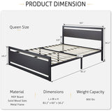 Full Black Metal Platform Bed Frame with Wood Panel Headboard and Footboard