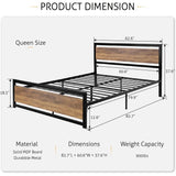 Full Metal Platform Bed Frame with Brown Wood Panel Headboard and Footboard