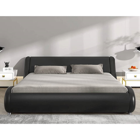 King Modern Black Faux Leather Upholstered Platform Bed Frame with Headboard