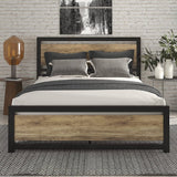 Queen Metal Platform Bed Frame with Brown Wood Panel Headboard and Footboard