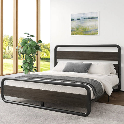 Full Heavy Duty Round Metal Frame Platform Bed with Black Wood Panel Headboard