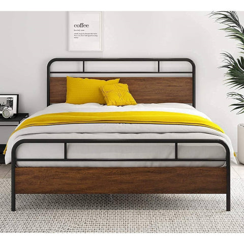 Full Size Industrial Metal Wood Platform Bed Frame with Headboard and Footboard