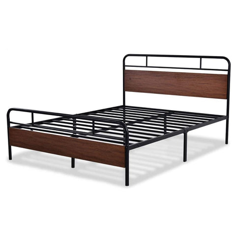 Queen Size Industrial Metal Wood Platform Bed Frame with Headboard and Footboard