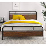 Queen Size Industrial Metal Wood Platform Bed Frame with Headboard and Footboard