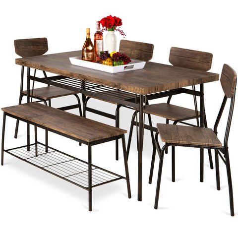 Modern 6-Piece Dining Set with Brown Wood Top Table 4 Chairs and Storage Bench