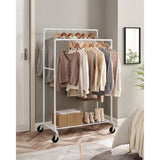 Heavy Duty White Pipe Double-Rod Garment Clothes Rack with Locking Wheels