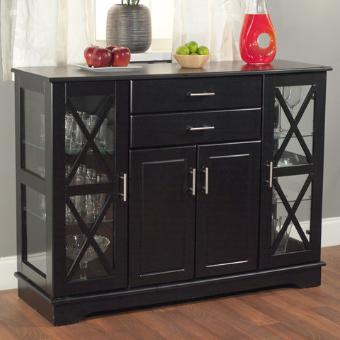 Black Wood Buffet Dining-room Sideboard with Glass Doors