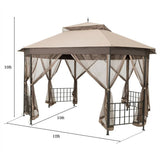 Outdoor 10 x 12 Ft Octagon Gazebo with Mosquito Net Sidewalls and Brown Canopy