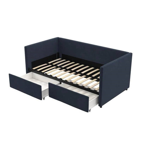Navy Blue Linen Upholstered Daybed with Pull-Out Storage Drawers