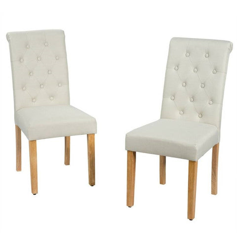 Set of 2 Beige Linen Button Tufted Dining Chair with Wood Legs