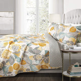 Full/Queen 3 Piece Reversible Yellow Grey Teal Floral Leaves Cotton Quilt Set