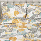 Full/Queen 3 Piece Reversible Yellow Grey Teal Floral Leaves Cotton Quilt Set