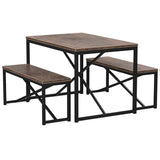 Modern 3-Piece Dining Set with Wood Top Metal Frame Table and 2 Bench Chairs