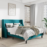 King Size Upholstered Linen Blend Headboard Wingback Platform Bed in Turquoise
