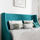 King Size Upholstered Linen Blend Headboard Wingback Platform Bed in Turquoise
