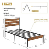 Twin Industrial Platform Bed Frame with Brown Wood Slatted Headboard Footboard