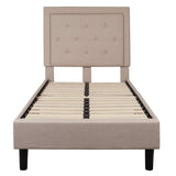 Twin Beige Fabric Upholstered Platform Bed with Button Tufted Headboard