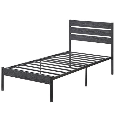 Twin size Industrial Platform Bed Frame with Wood Slatted Headboard in Black