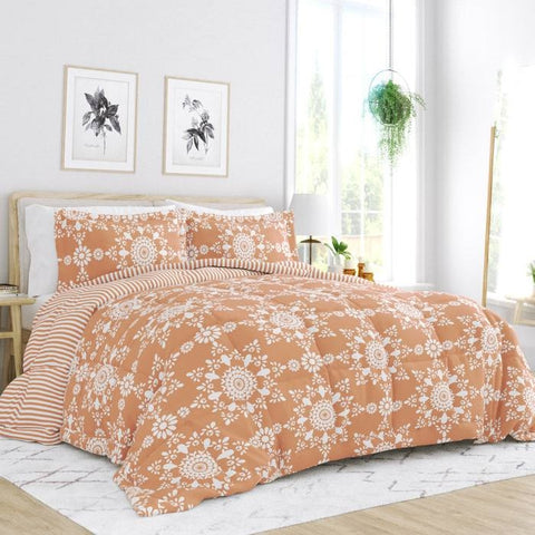 Twin 2 Piece Clay and White Reversible Daisy Medallion Striped Comforter Set