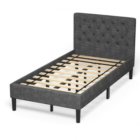 Twin Size Grey Upholstered Button Tufted Headboard Platform Bed
