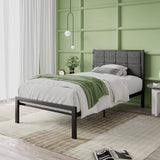 Twin Metal Platform Bed Frame with Gray Button Tufted Upholstered Headboard