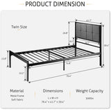 Twin Metal Platform Bed Frame with Gray Button Tufted Upholstered Headboard