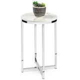 Round Cross Leg Design Coffee Side Table Nightstand with Faux Marble Top White/Chrome