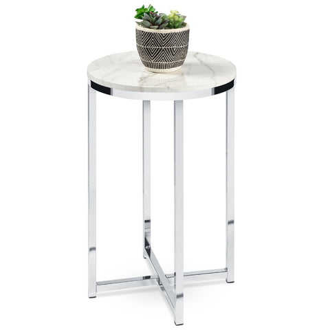 Round Cross Leg Design Coffee Side Table Nightstand with Faux Marble Top White/Chrome