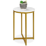 Round Cross Leg Design Coffee Side Table Nightstand with Faux Marble Top White/Gold