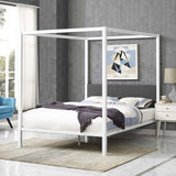 Queen size White Metal Canopy Bed Frame with Grey Fabric Upholstered Headboard
