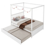White Full Size Canopy Platform Bed with Twin Roller Trundle Bed