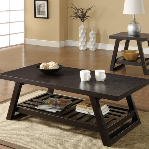 Contemporary Coffee Table with Slatted Bottom Shelf in Rich Brown