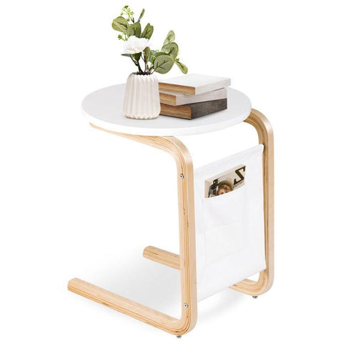 Birch Wood White Side Table TV Tray with Storage Bag