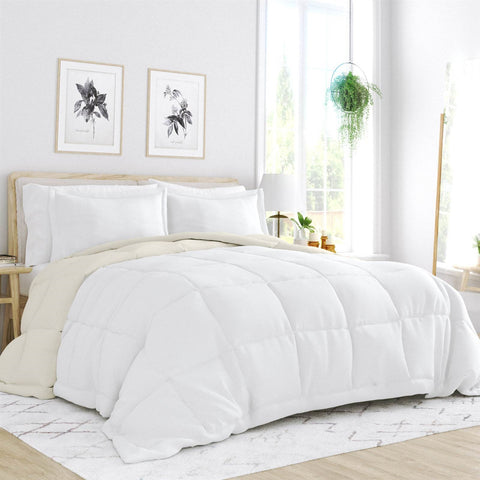Full/Queen size 3-Piece Microfiber Reversible Comforter Set in White and Cream