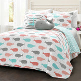 Full/Queen 5 Piece Microfiber Quilt Set in Teal Pink Aqua Waves Whale Pattern
