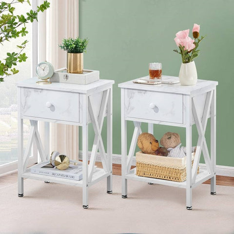 Set of 2 - Rustic Farmhouse 1-Drawer Nightstand Bedside Table in White