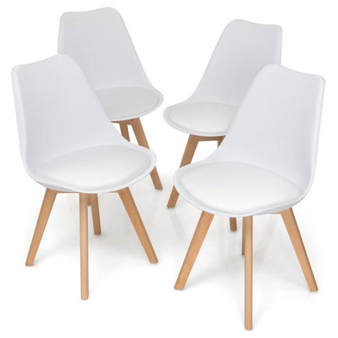 Set of 4 Modern Mid-Century Style White PU Leather Dining Chairs with Wood Legs