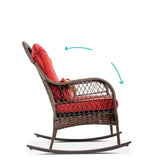 Outdoor Patio Brown Wicker Rocking Chair with Red Cushions and Accent Pillow