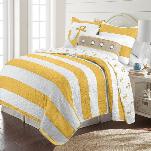 Full/Queen 3 Piece Striped Anchors Reversible Microfiber Quilt Set Yellow